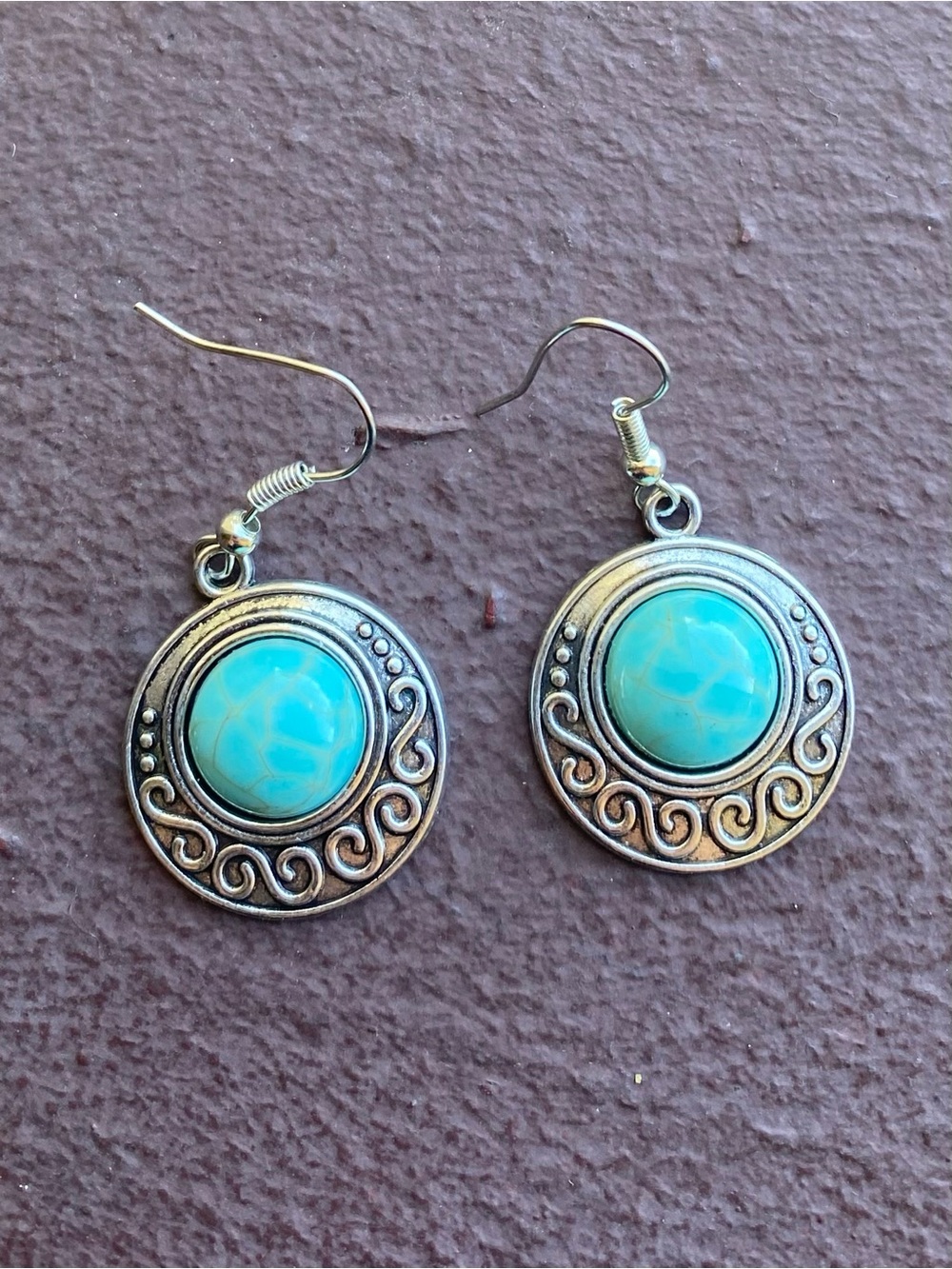 Lab Created Turquoise Stone Tibetan Silver Stainless Steel Dangle Drop Earrings